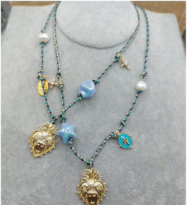 Collar de cordón con maxi sagrado en acero Azul/Dorado