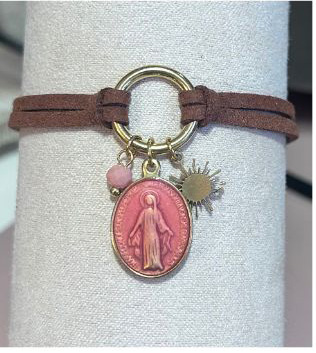 Pulsera piel Milagrosa Piel marrón/Medalla rosa
