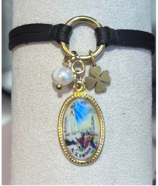 Pulsera piel Santo Piel marrón oscura/ Medalla de Virgen de Fátima