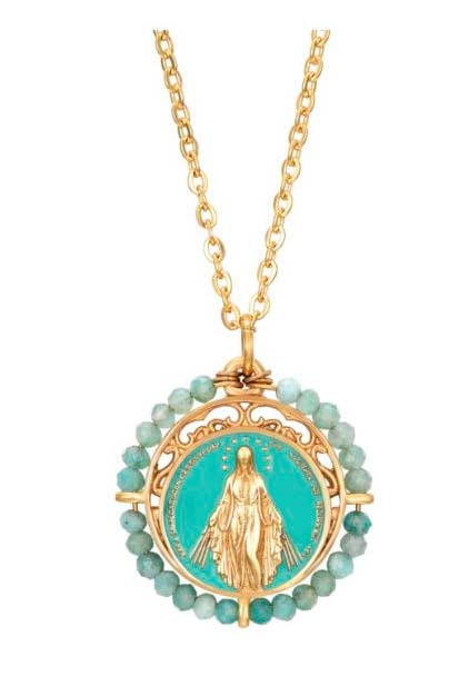 Collar Virgen Milagrosa amazonita oro/azul